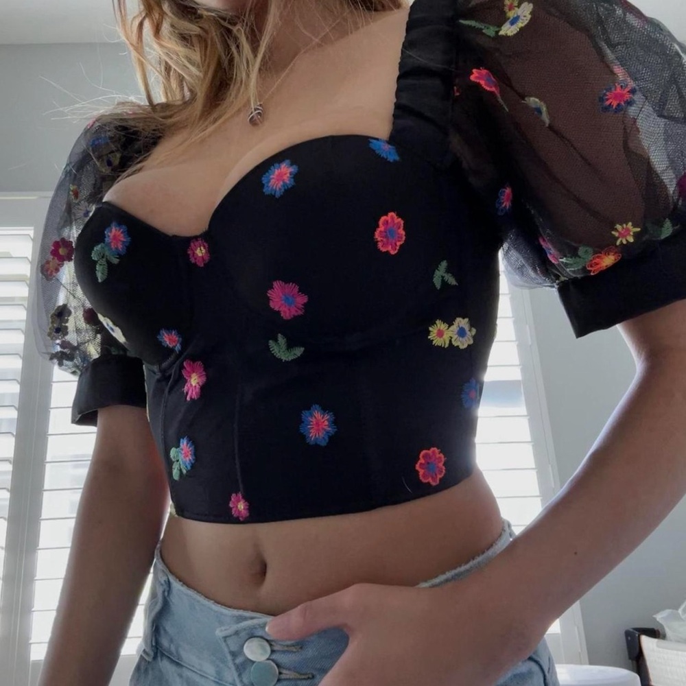 Custom made cropped corset with hand embroidered flowers